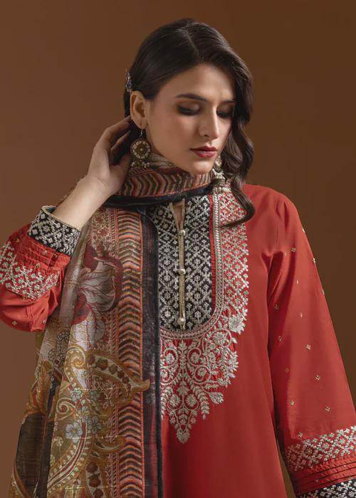 3 Piece Embroidered Lawn Kurta Set - Rust Color