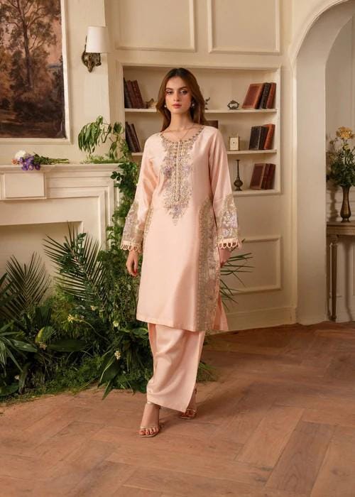 Embroidered Raw Silk Suit - Peach Pink - Printed Silk Dupatta