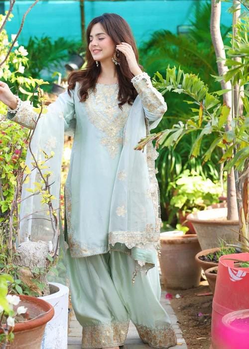 3 Piece Embroidered Charmeuse Silk Suit - Tea Green