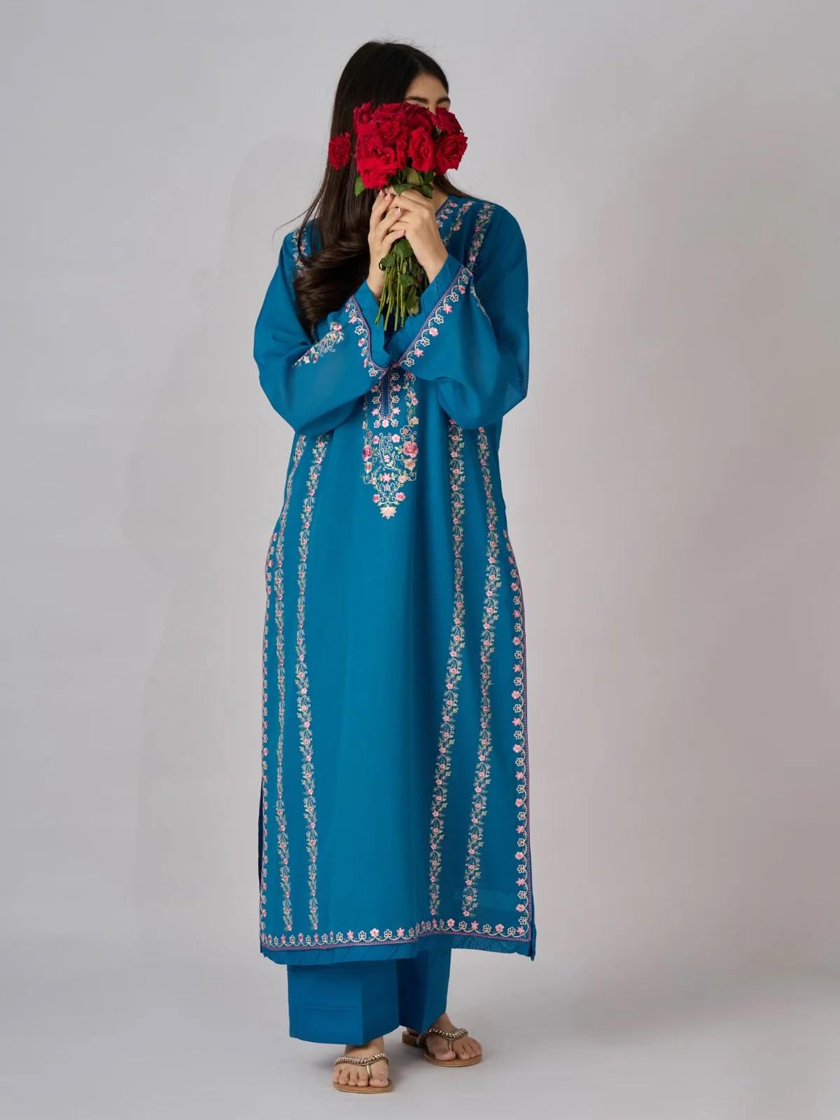 Agha Noor 2 piece - Embroidered Swiss Voile Suit - Teal Blue