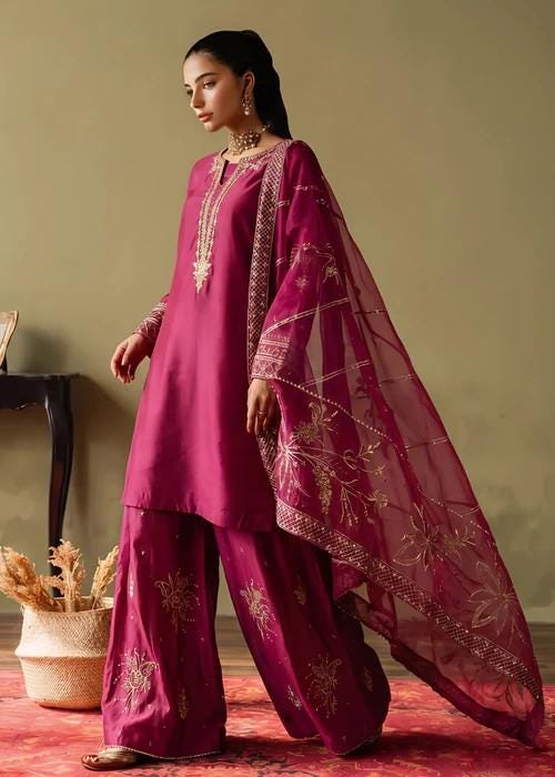 3 Piece Embellished Silk Gharara Suit - Magenta