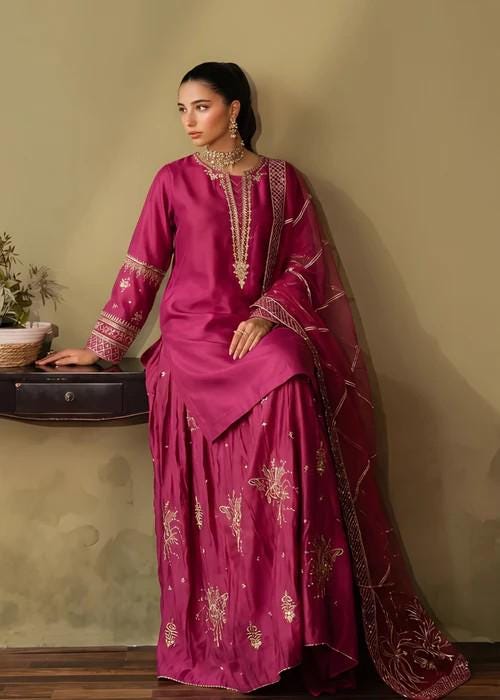 3 Piece Embellished Silk Gharara Suit - Magenta