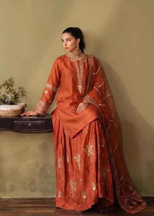 3 Piece Embellished Silk Palazzo Suit - Rust Color