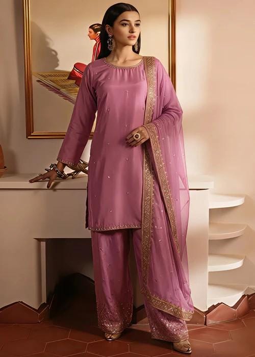 Embroidered Luxurious Silk Suit with Chiffon Dupatta - Zinnia Pink