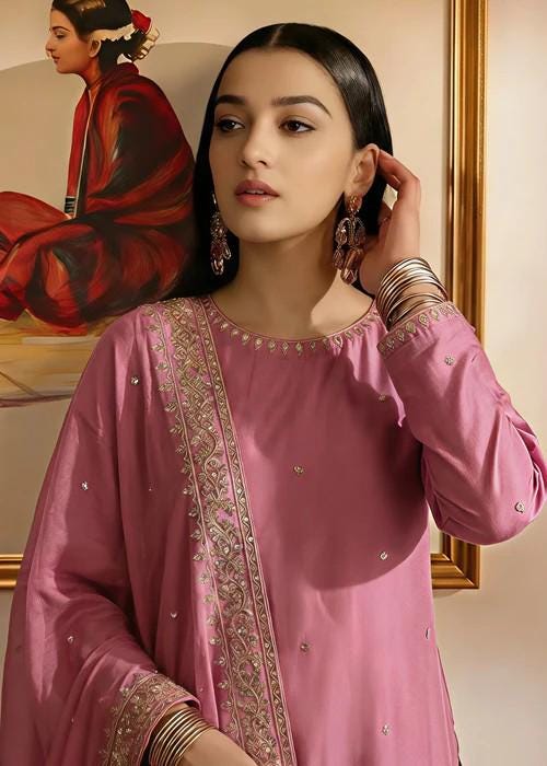 Embroidered Luxurious Silk Suit with Chiffon Dupatta - Zinnia Pink