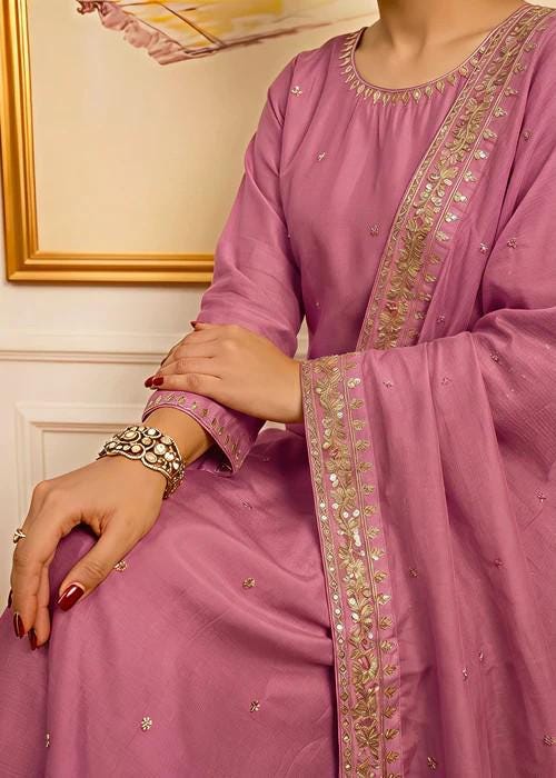Embroidered Luxurious Silk Suit with Chiffon Dupatta - Zinnia Pink