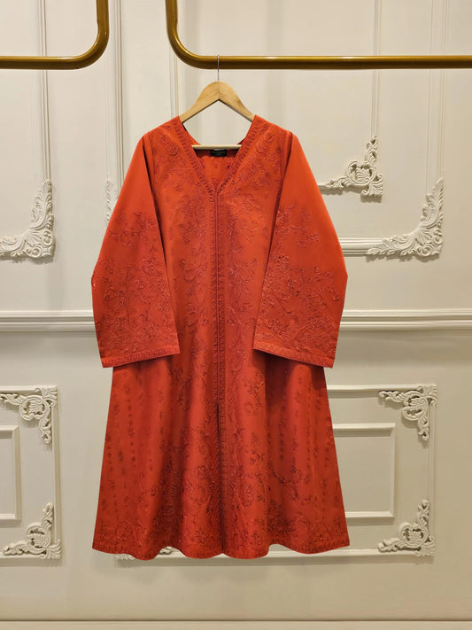 Agha Noor 2 piece - Embroidered Lawn Frock Suit - Rust -  India Pakistan Bangladesh Shalwar Kameez