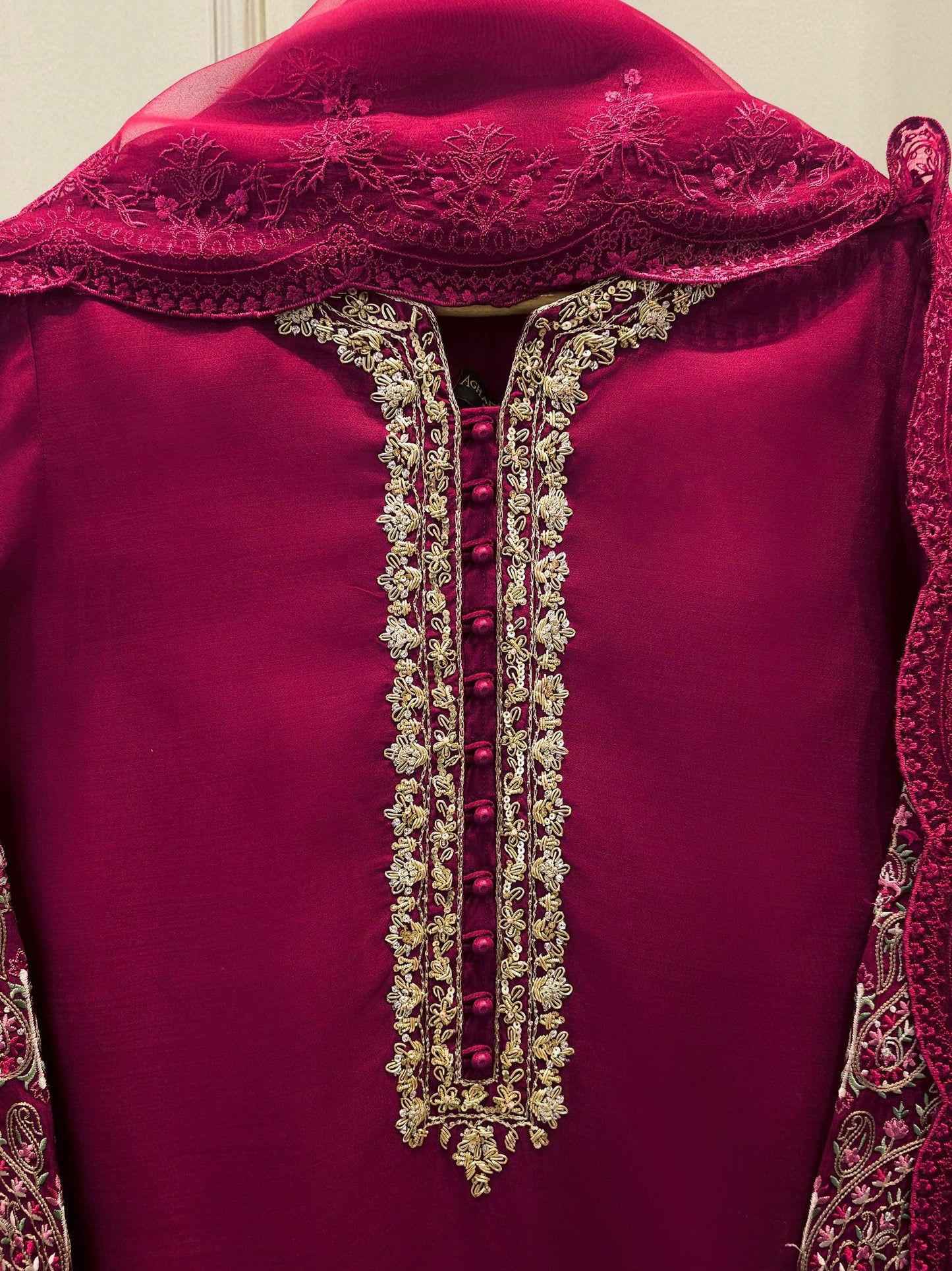 Agha Noor 3 Piece -  Pure Khadi Silk Embroidered Suit - Maroon - Raw Silk Pants