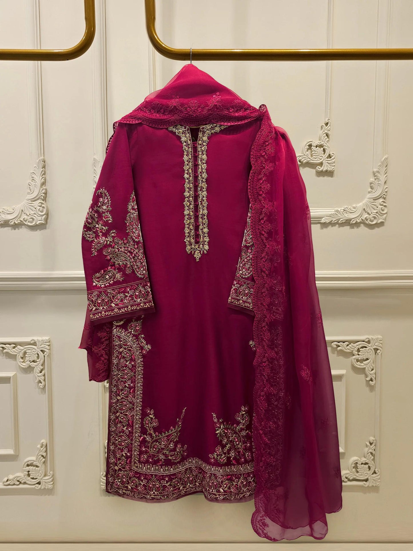Agha Noor 3 Piece -  Pure Khadi Silk Embroidered Suit - Maroon - Raw Silk Pants
