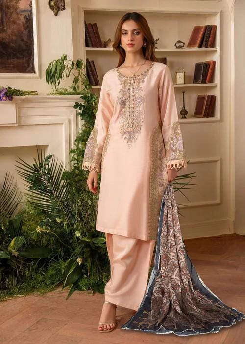 Embroidered Raw Silk Suit - Peach Pink - Printed Silk Dupatta