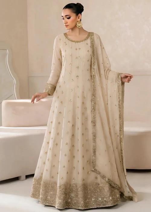 Embroidered Chiffon Maxi Suit - 3 Piece - Beige