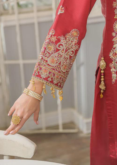 3 Piece Embroidered Charmeuse Silk Suit - Crimson Red