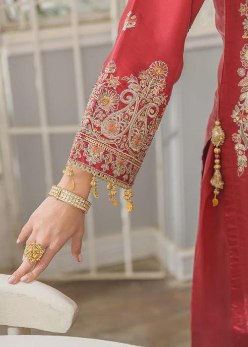 Embroidered Charmeuse Silk Suit - Crimson Red - 3 Piece
