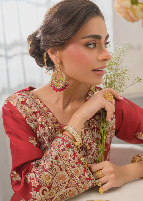 3 Piece Embroidered Charmeuse Silk Suit - Crimson Red
