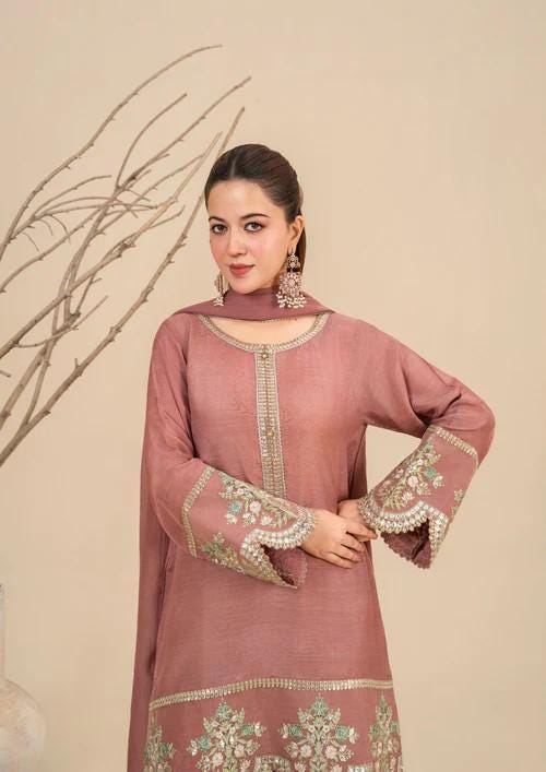Viscose Raw Silk Sharara Suit - Tea Pink