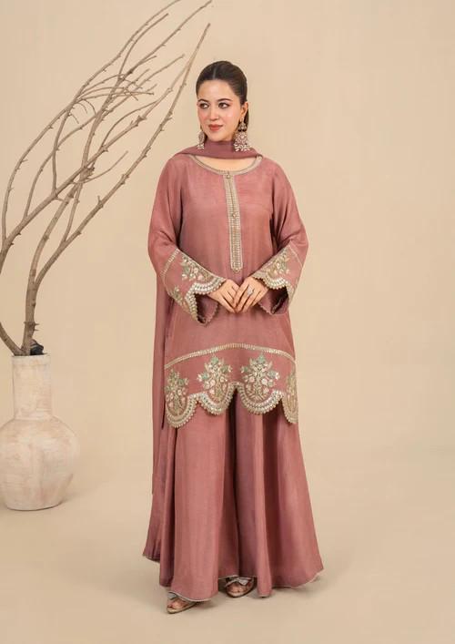 Viscose Raw Silk Sharara Suit - Tea Pink