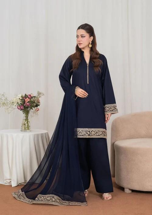 Tilla Embroidered Lawn Kurta Farshi Shalwar Suit - Navy Blue - Chiffon Dupatta