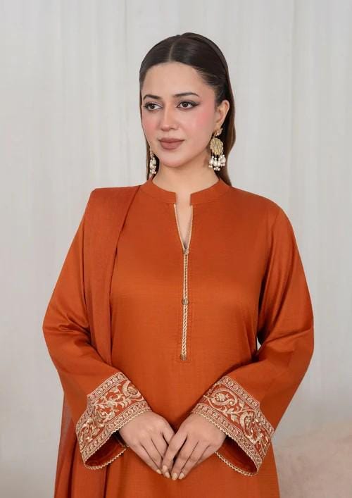 Tilla Embroidered Lawn Kurta Farshi Shalwar Suit - Rust Orange - Chiffon Dupatta
