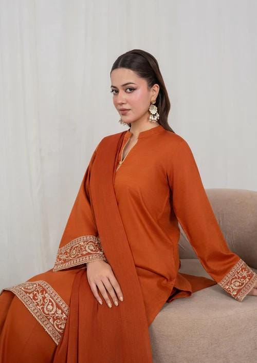 Tilla Embroidered Lawn Kurta Farshi Shalwar Suit - Rust Orange - Chiffon Dupatta