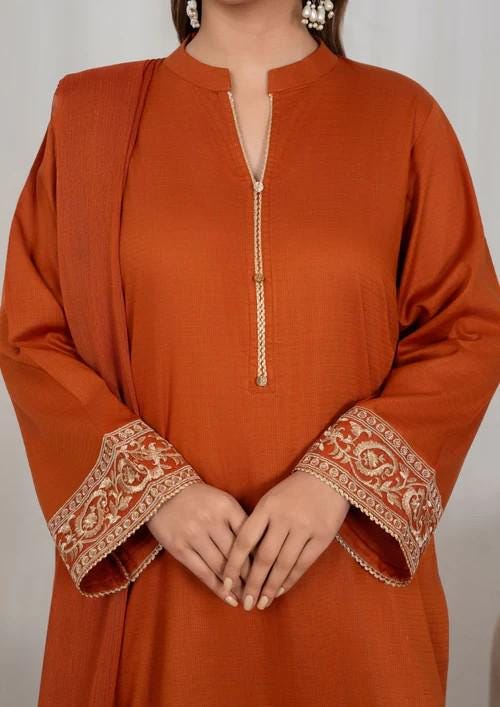 Tilla Embroidered Lawn Kurta Farshi Shalwar Suit - Rust Orange - Chiffon Dupatta