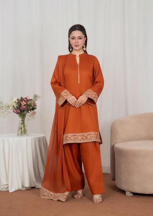 Tilla Embroidered Lawn Kurta Farshi Shalwar Suit - Rust Orange - Chiffon Dupatta