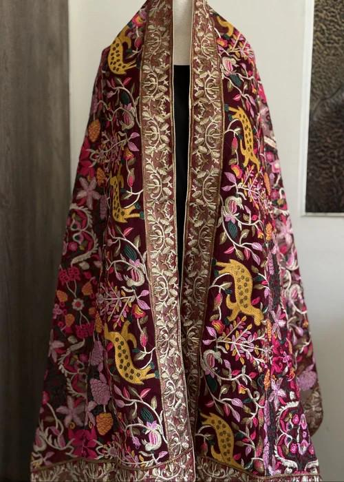 Heavily Embroidered Organza Tissue Silk Dupatta - Maroon Vines Dupatta