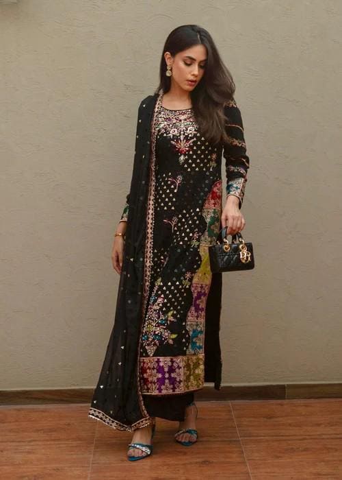 XXL - 3 Piece Embroidered Chiffon Kurta Set - Bust Size 48"