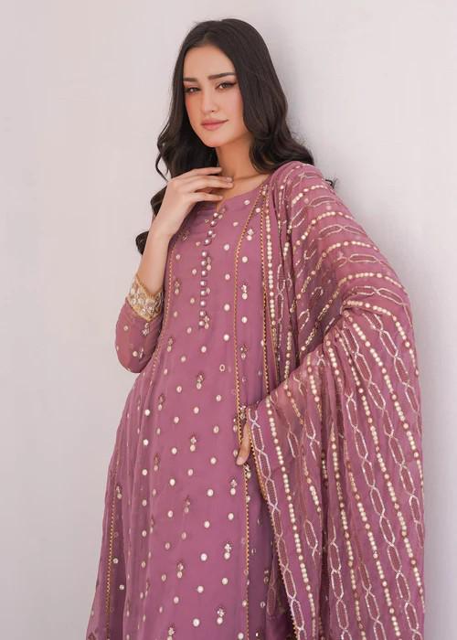 Embroidered Chiffon Anarkali Suit - 3 Piece size medium; chest 42”