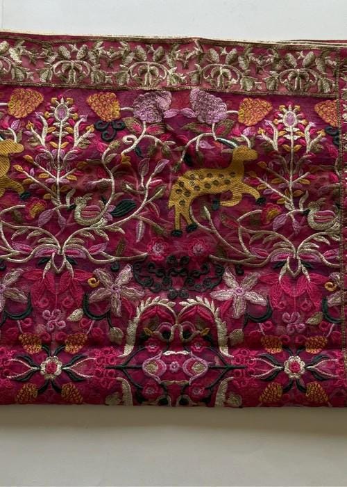 Heavily Embroidered Organza Tissue Silk Dupatta - Pink Floral Deer