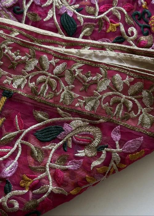 Heavily Embroidered Organza Tissue Silk Dupatta - Pink Floral Deer