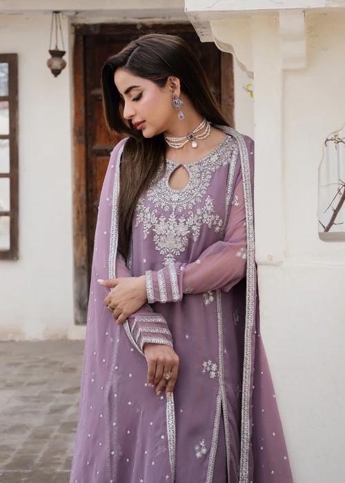 Embroidered Chiffon Pishwas Suit - 3 Piece - Lilac