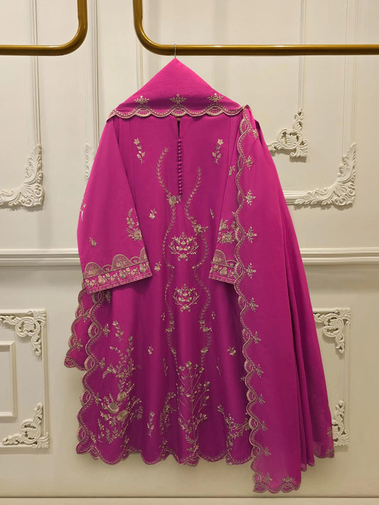 3 Piece Agha Noor Embroidered Cambric Suit - Shocking Pink