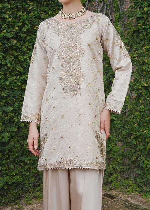 Embroidered Charmeuse Silk Farshi Shalwar Suit - Ivory - Gold
