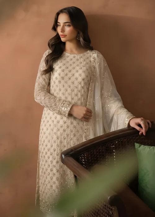3 Piece Embroidered Chiffon Palazzo Suit - Beige