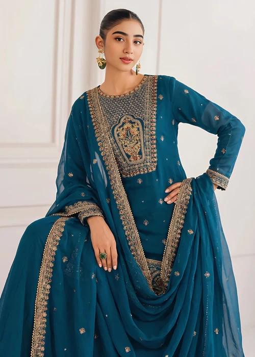3 Piece Embroidered Chiffon Sharara - Teal