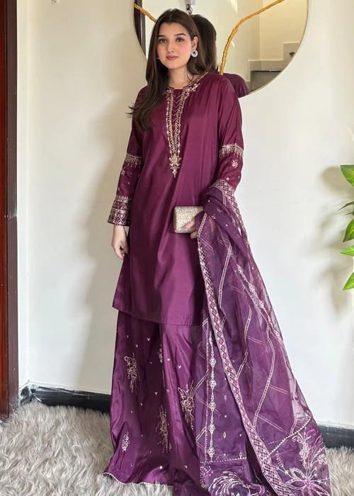 3 Piece Embellished Silk Palazzo Suit - Plum Purple