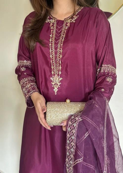 3 Piece Embellished Silk Palazzo Suit - Plum Purple