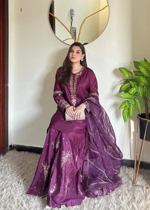 3 Piece Embellished Silk Palazzo Suit - Plum Purple