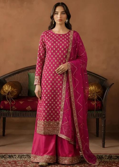 3 Piece Embroidered Chiffon Palazzo Suit - Hot Pink