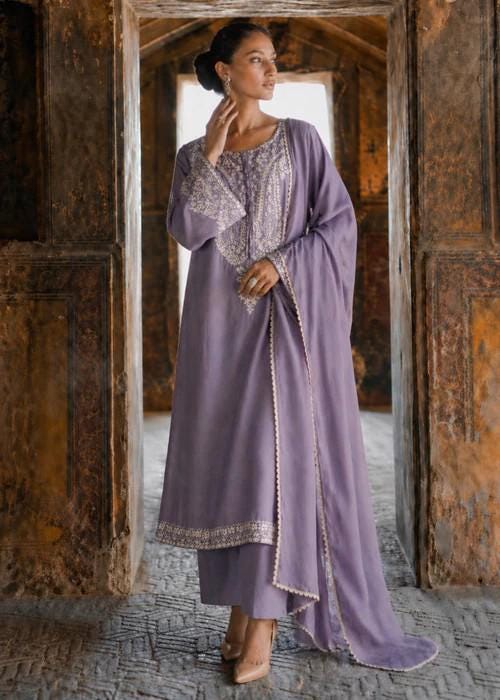 3 Piece Embroidered Lawn Long Kurta and Pants Suit - Lilac