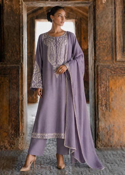 3 Piece Embroidered Lawn Long Kurta and Pants Suit - Lilac