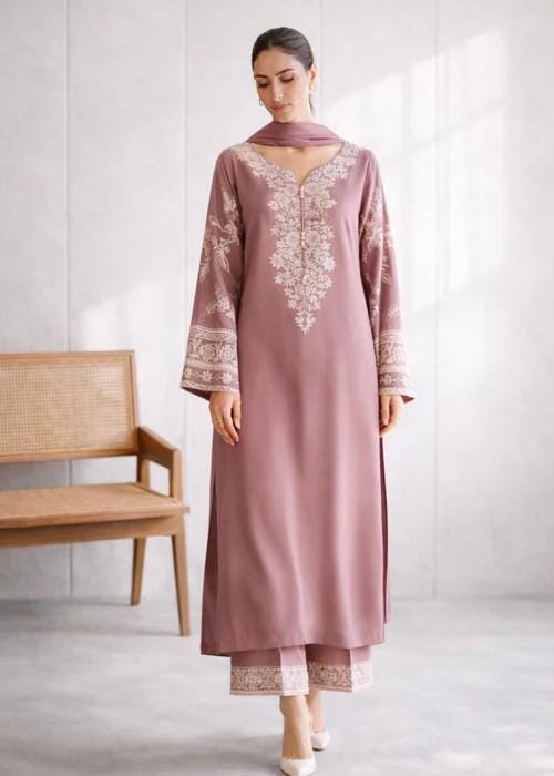 3 Piece Embroidered Lawn Long Kurta and Pants Suit - Mauve Pink