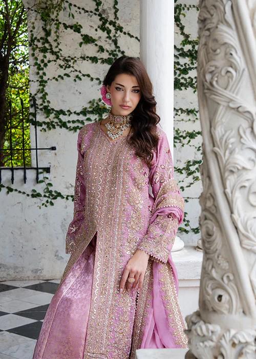 4 Piece Embroidered Chiffon Flared Jamawar Lehenga Suit - With Potli Bag