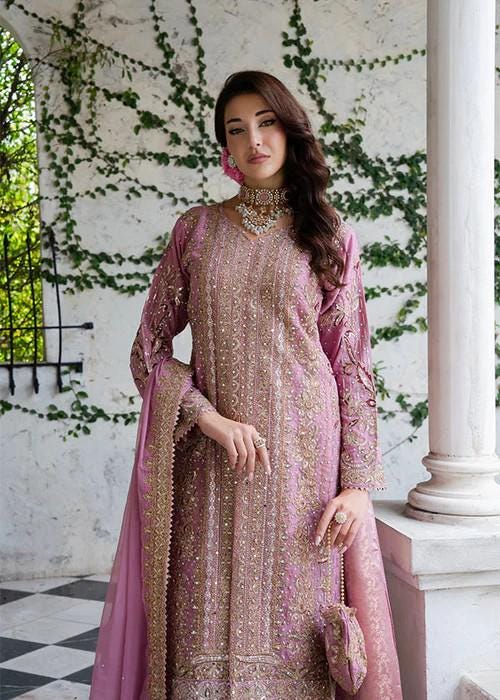 4 Piece Embroidered Chiffon Flared Jamawar Lehenga Suit - With Potli Bag