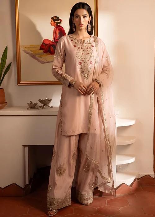 Embroidered Silk Farshi Shalwar Suit- 3 Piece - Pink