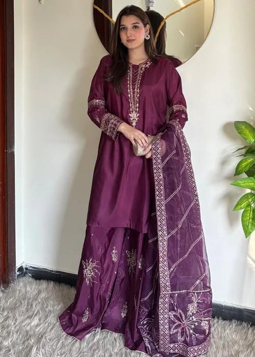 3 Piece Embellished Silk Palazzo Suit - Plum Purple