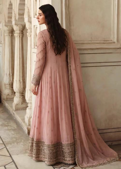 Embroidered Chiffon Maxi Suit - 3 Piece - Pink