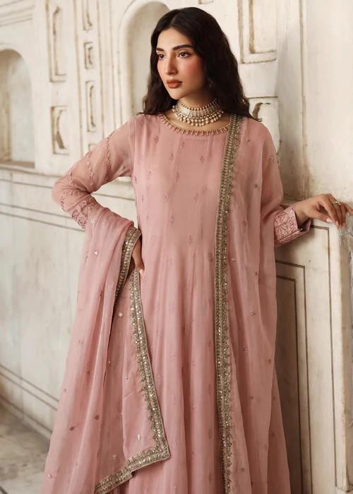 Embroidered Chiffon Maxi Suit - 3 Piece - Pink