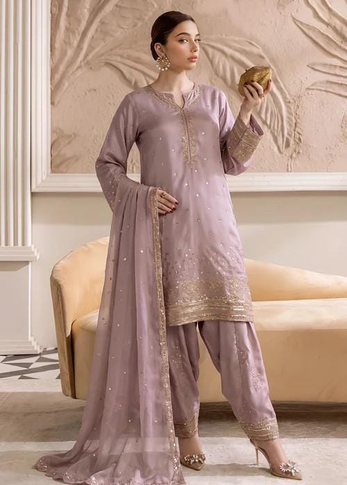 Embroidered Silk Farshi Shalwar Suit with Organza Dupatta - 3 Piece - Lilac