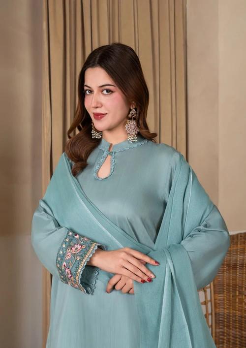 Raw Silk Farshi Shalwar Suit - Ice Blue - 3 Piece - Organza Dupatta